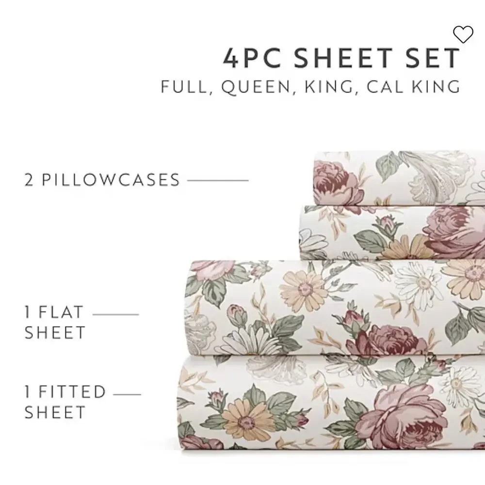 NEW! Casual Comfort iEnjoy KING 4PC Blooming Floral Patterned Sheet Set Rose